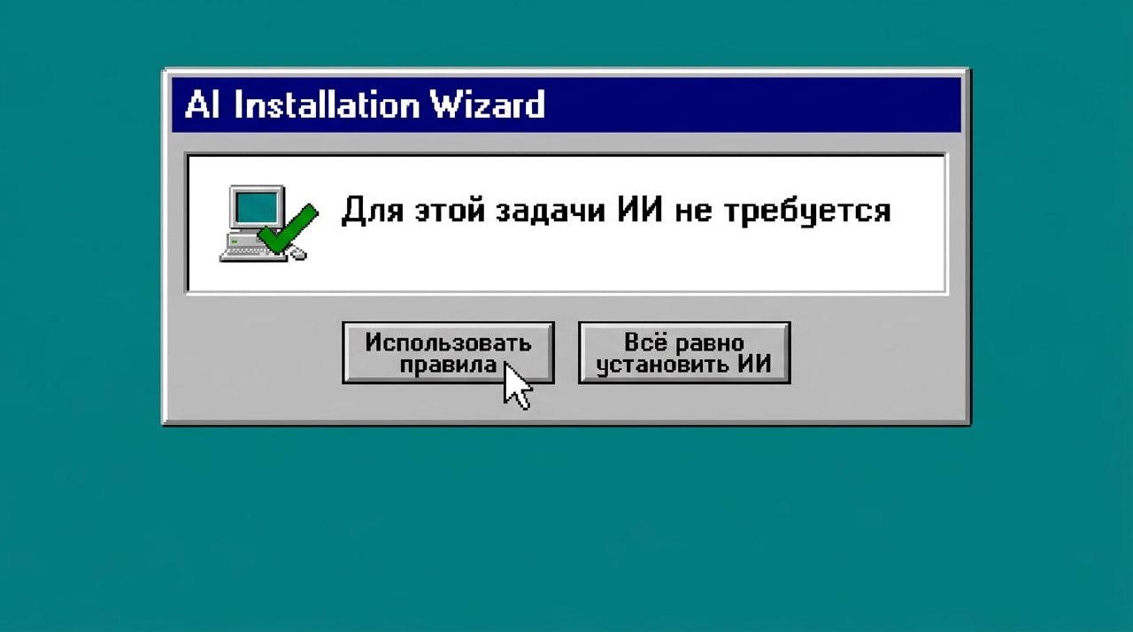 Диалоговое окно в стиле Windows 95 «AI Installation Wizard» с сообщением «Для этой задачи ИИ не требуется» и кнопками «Использовать правила» и «Всё равно установить ИИ»