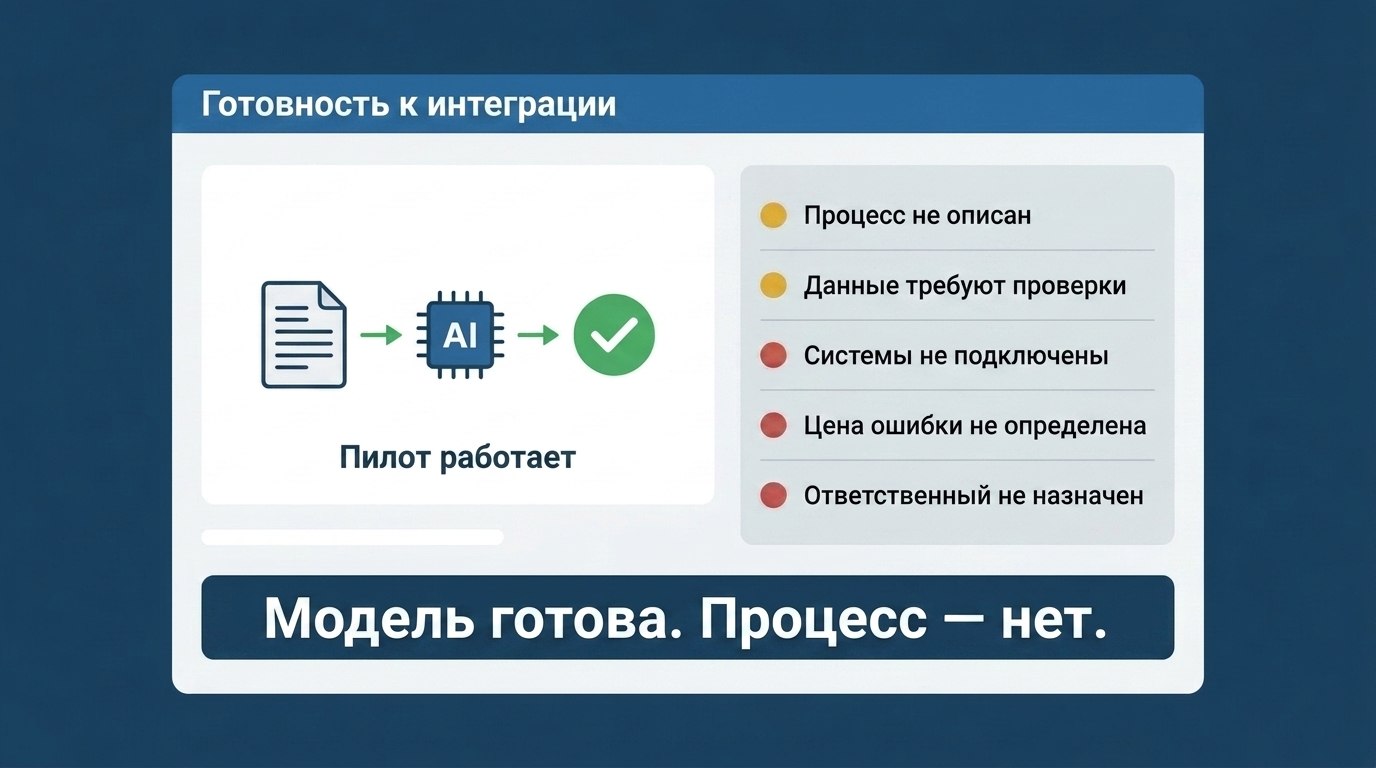 Панель «Готовность к интеграции»: слева документ проходит через модель к зелёной галочке с подписью «Пилот работает», справа список статусов — процесс не описан, данные требуют проверки, системы не подключены, цена ошибки не определена, ответственный не назначен; внизу крупно «Модель готова. Процесс — нет.»
