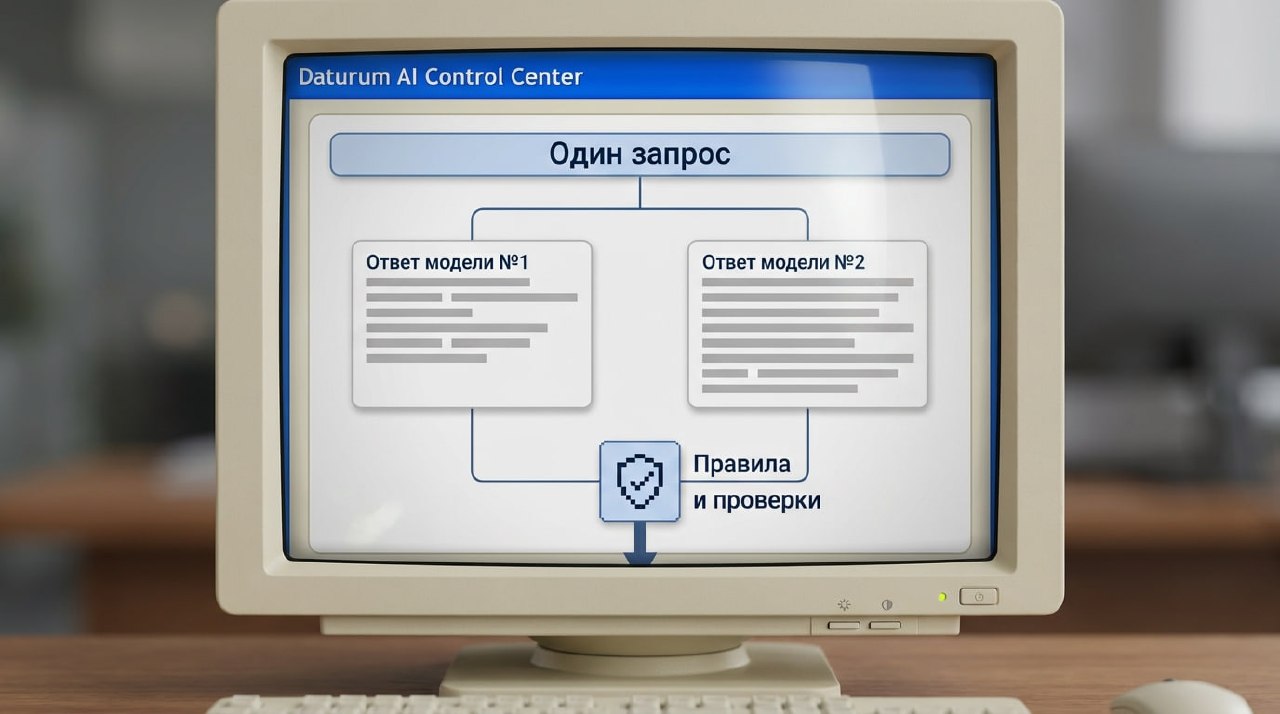 Ретро-интерфейс «Daturum AI Control Center»: один и тот же запрос порождает два разных ответа модели, и оба проходят через блок «Правила и проверки»