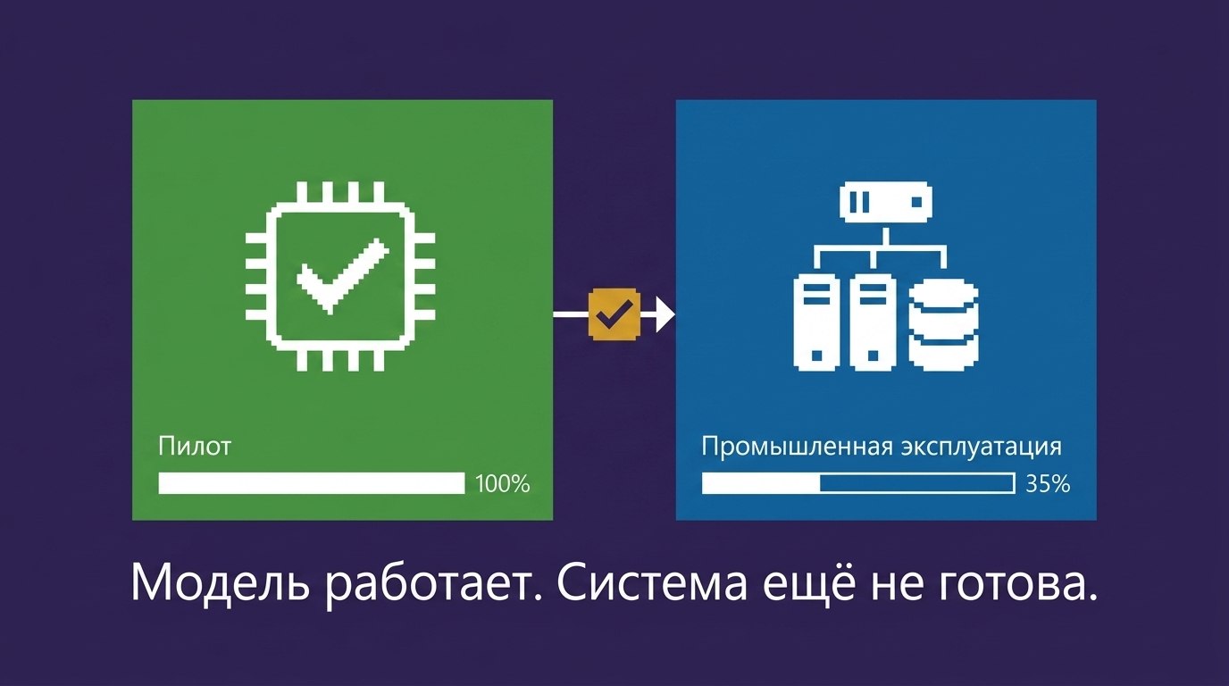 Две плитки: слева зелёная с микросхемой и галочкой, подпись «Пилот» и заполненный на 100% индикатор; справа синяя с серверной стойкой и базой данных, подпись «Промышленная эксплуатация» и индикатор, заполненный на 35%; внизу крупно «Модель работает. Система ещё не готова»