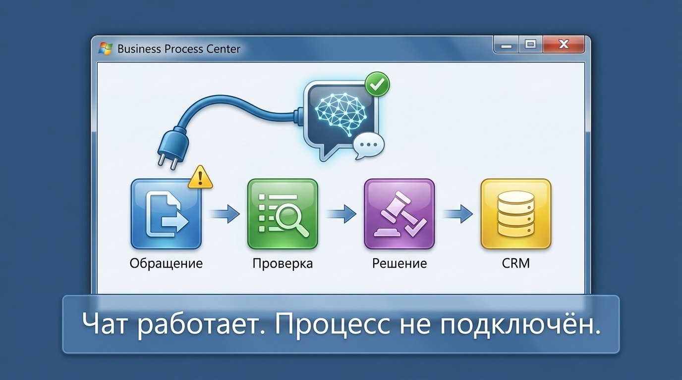 Окно «Business Process Center»: чат с ИИ висит на отдельном проводе с предупреждающим значком и не соединён с цепочкой «Обращение → Проверка → Решение → CRM»; внизу подпись «Чат работает. Процесс не подключён»