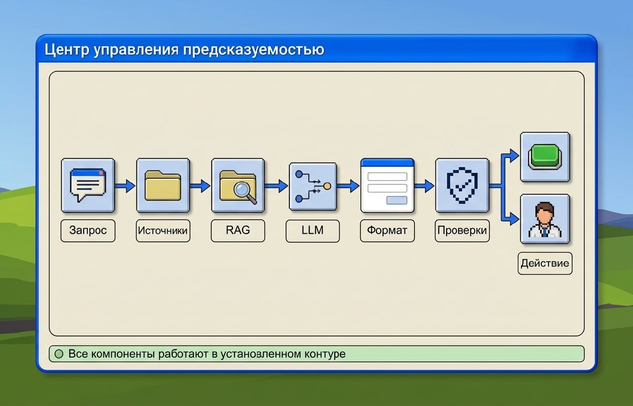 Схема «Центр управления предсказуемостью»: цепочка блоков «Запрос → Источники → RAG → LLM → Формат → Проверки», после которой ветвление на автоматическое действие или передачу специалисту; внизу статус «Все компоненты работают в установленном контуре»
