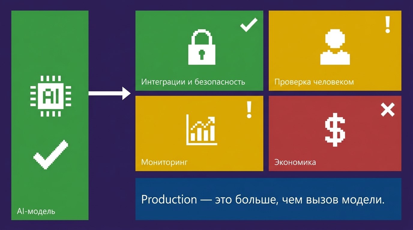 Слева зелёная плитка «AI-модель» с галочкой, стрелка вправо к четырём плиткам: «Интеграции и безопасность» с галочкой, «Проверка человеком» с восклицательным знаком, «Мониторинг» с восклицательным знаком, «Экономика» с крестиком; внизу подпись «Production — это больше, чем вызов модели»