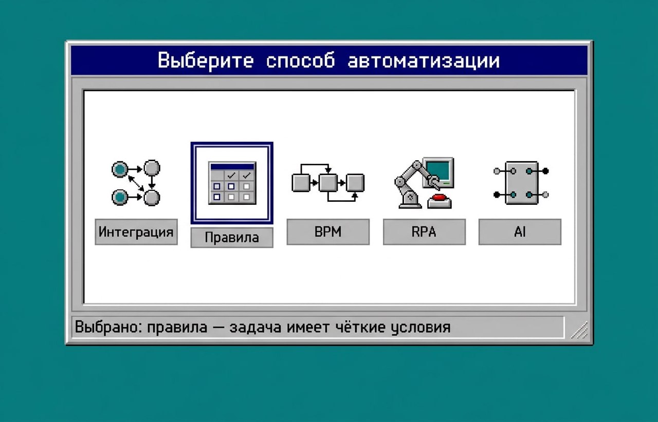Окно «Выберите способ автоматизации» с пятью вариантами: интеграция, правила, BPM, RPA и AI; выбраны правила, в статусной строке — «задача имеет чёткие условия»