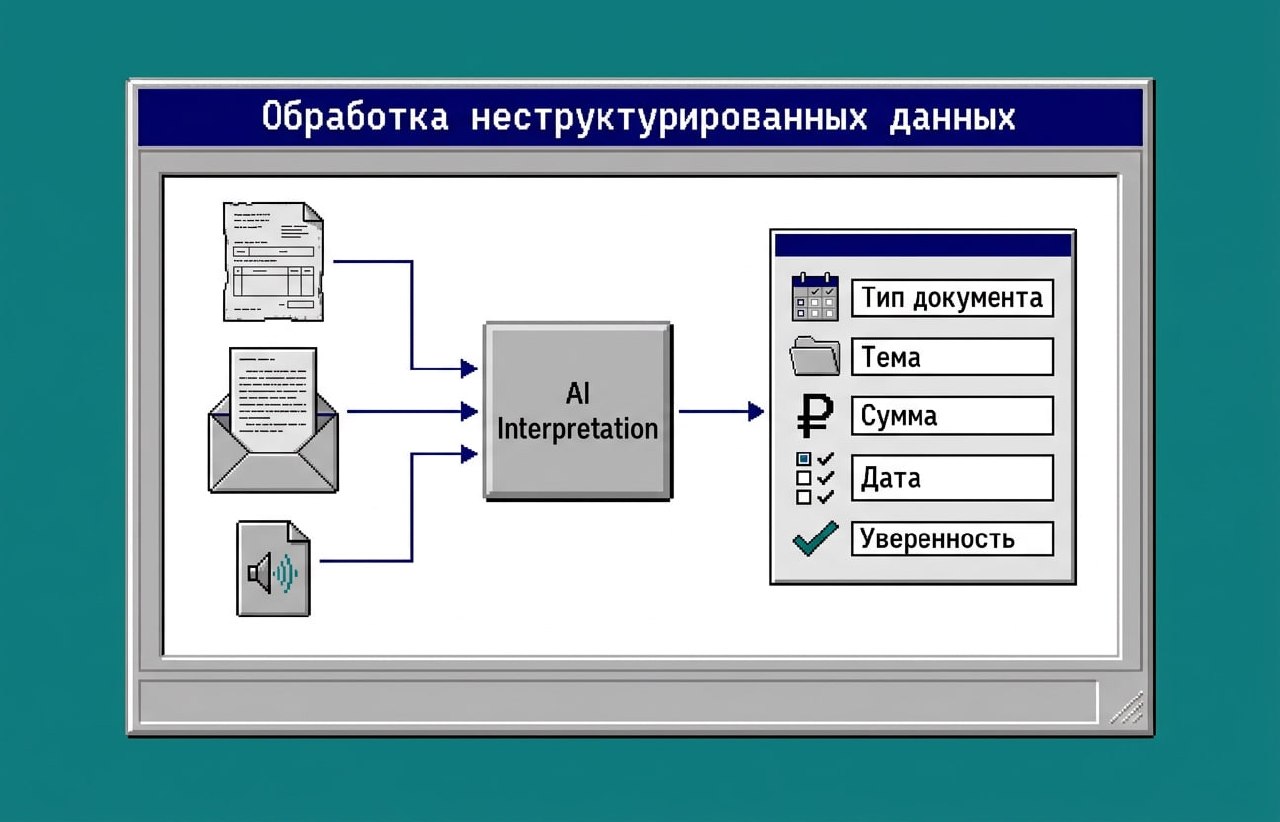 Схема «Обработка неструктурированных данных»: скан документа, письмо и аудиозапись поступают в блок AI Interpretation, на выходе — поля «тип документа», «тема», «сумма», «дата» и «уверенность»