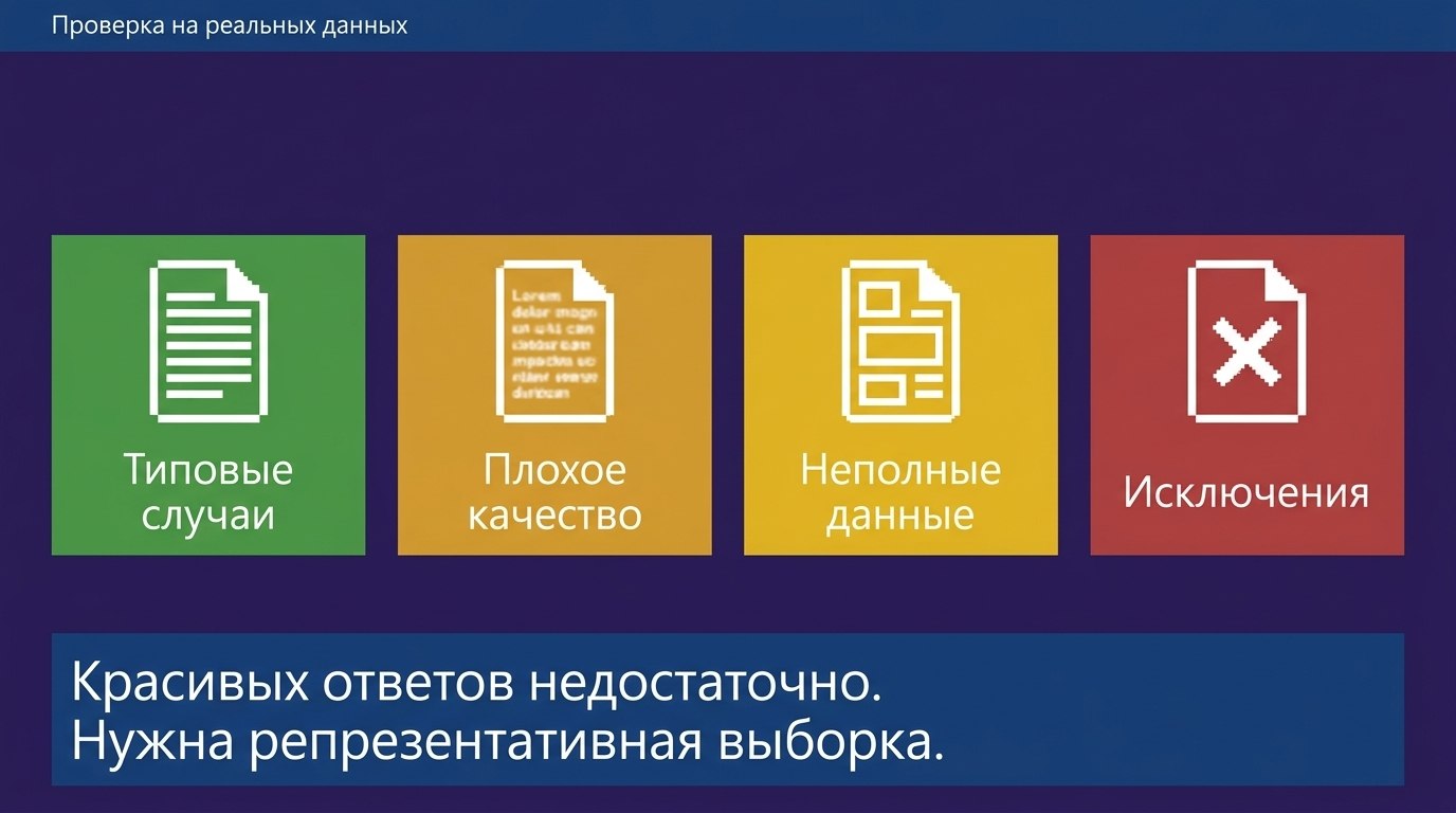 Экран «Проверка на реальных данных» с четырьмя плитками документов: зелёная «Типовые случаи», оранжевая «Плохое качество», жёлтая «Неполные данные», красная «Исключения»; внизу подпись «Красивых ответов недостаточно. Нужна репрезентативная выборка»