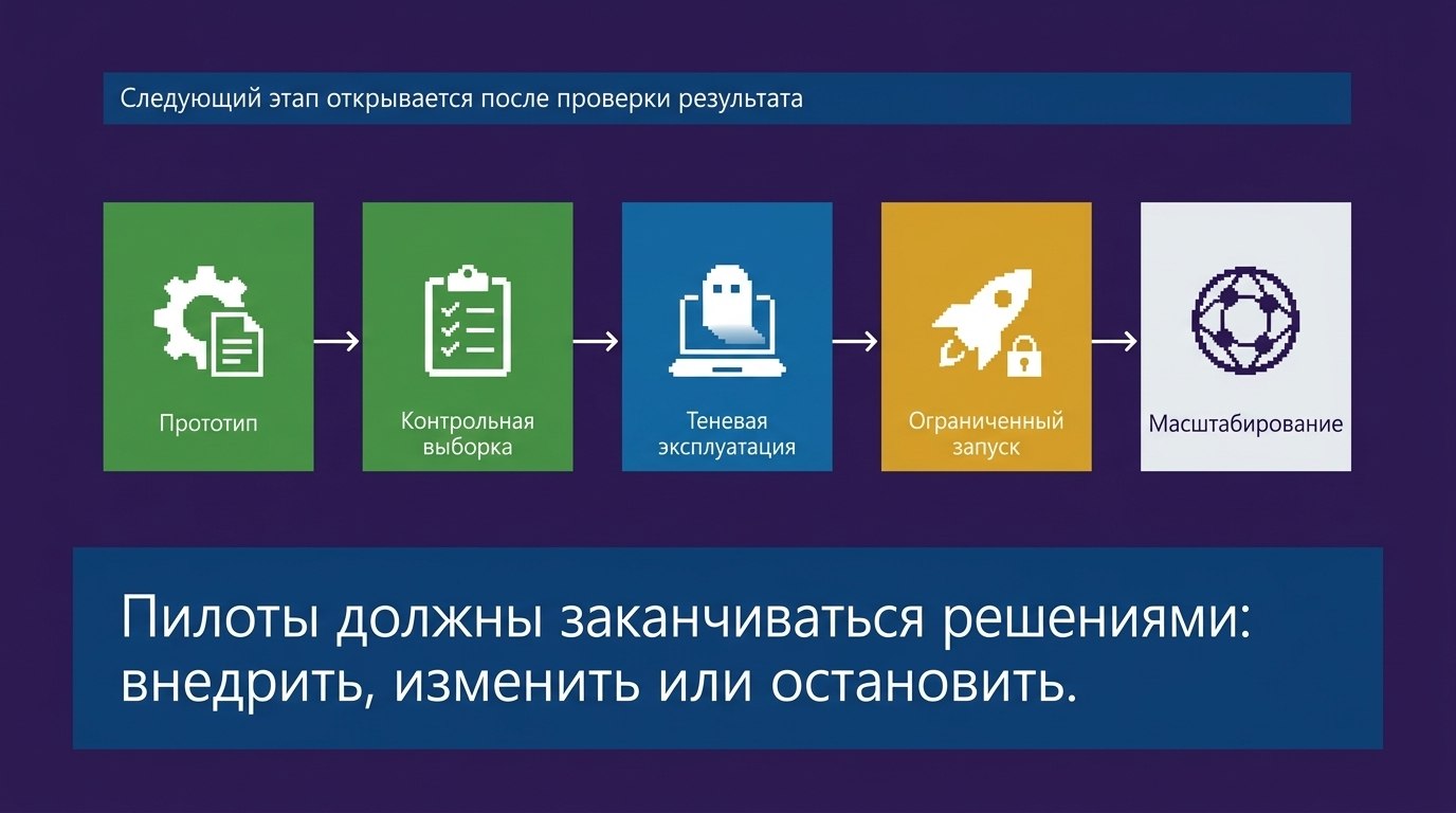 Пять плиток со стрелками: «Прототип» → «Контрольная выборка» → «Теневая эксплуатация» → «Ограниченный запуск» → «Масштабирование»; сверху строка «Следующий этап открывается после проверки результата», внизу подпись «Пилоты должны заканчиваться решениями: внедрить, изменить или остановить»