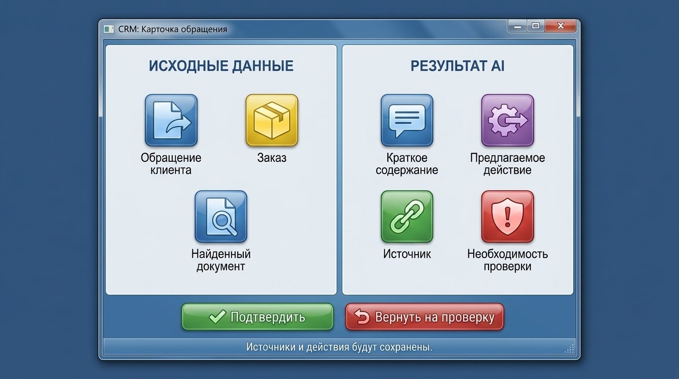 Окно «CRM: Карточка обращения», разделённое на две колонки: слева «Исходные данные» — обращение клиента, заказ, найденный документ; справа «Результат AI» — краткое содержание, предлагаемое действие, источник, необходимость проверки; внизу кнопки «Подтвердить» и «Вернуть на проверку» и строка «Источники и действия будут сохранены»