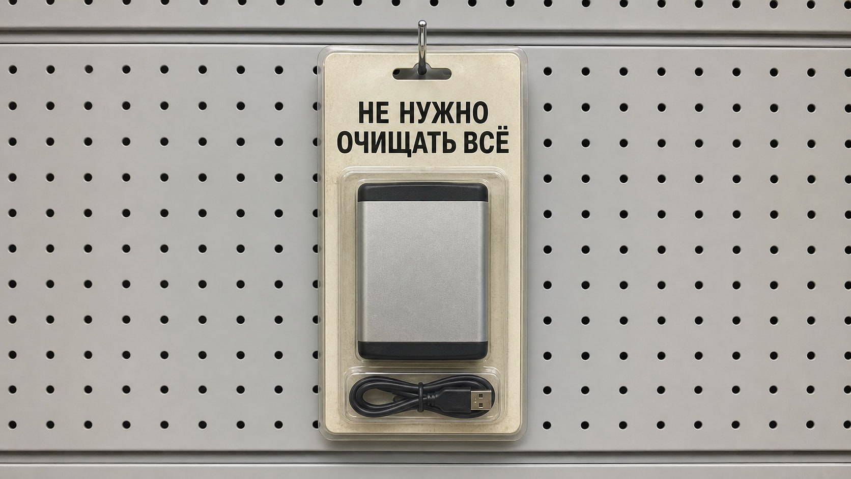 Переносной жёсткий диск на магазинном стенде с заголовком «Не нужно очищать всё»