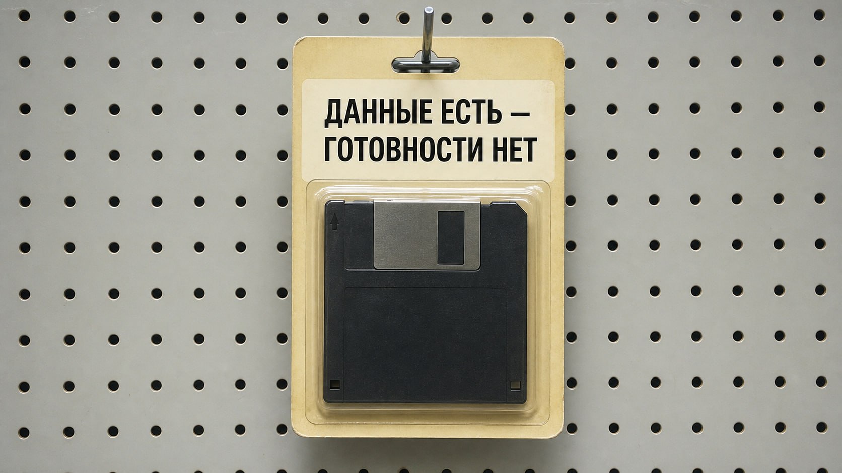 Дискета на магазинном стенде с заголовком «Данные есть — готовности нет»